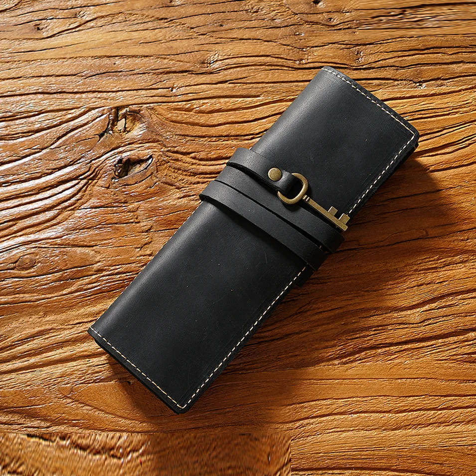 Retro First Layer Cowhide Pen Curtain Leather Pen Bag Simple Literary Pen Curtain Multi-functional Pencil Roll Bag Pencil Cases