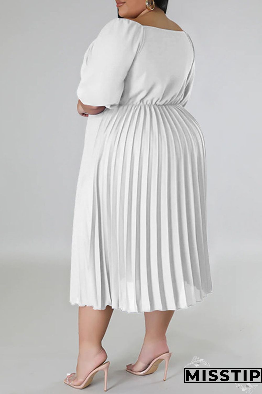 White Casual Solid Patchwork Fold V Neck Straight Plus Size Dresses