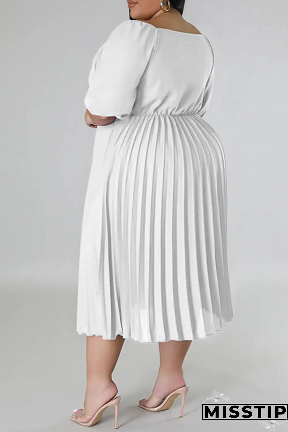 White Casual Solid Patchwork Fold V Neck Straight Plus Size Dresses
