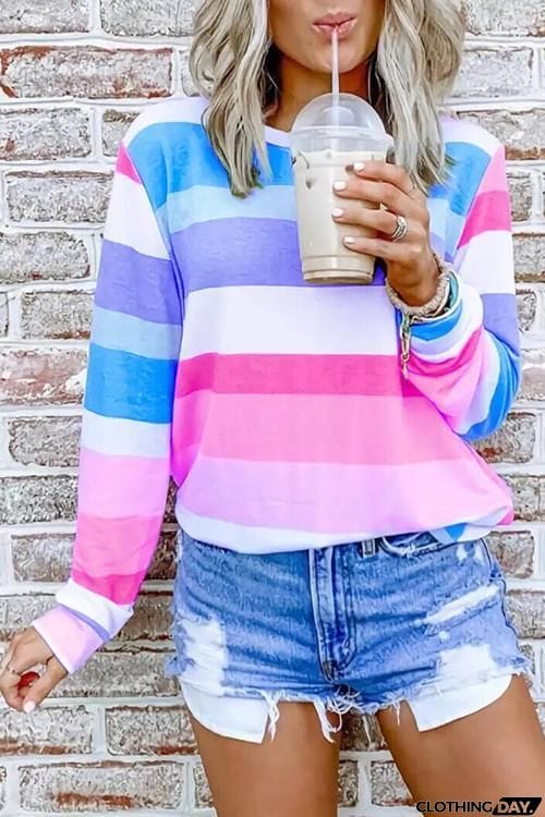 Rainbow Stripe O Neck Long Sleeve T Shirt