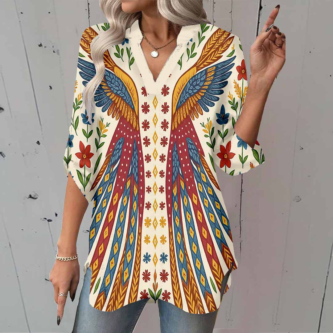 Women Flowers, Red, Blue DZGA0376 3/4 Sleeve V-neck Printed Graphic Button Tops