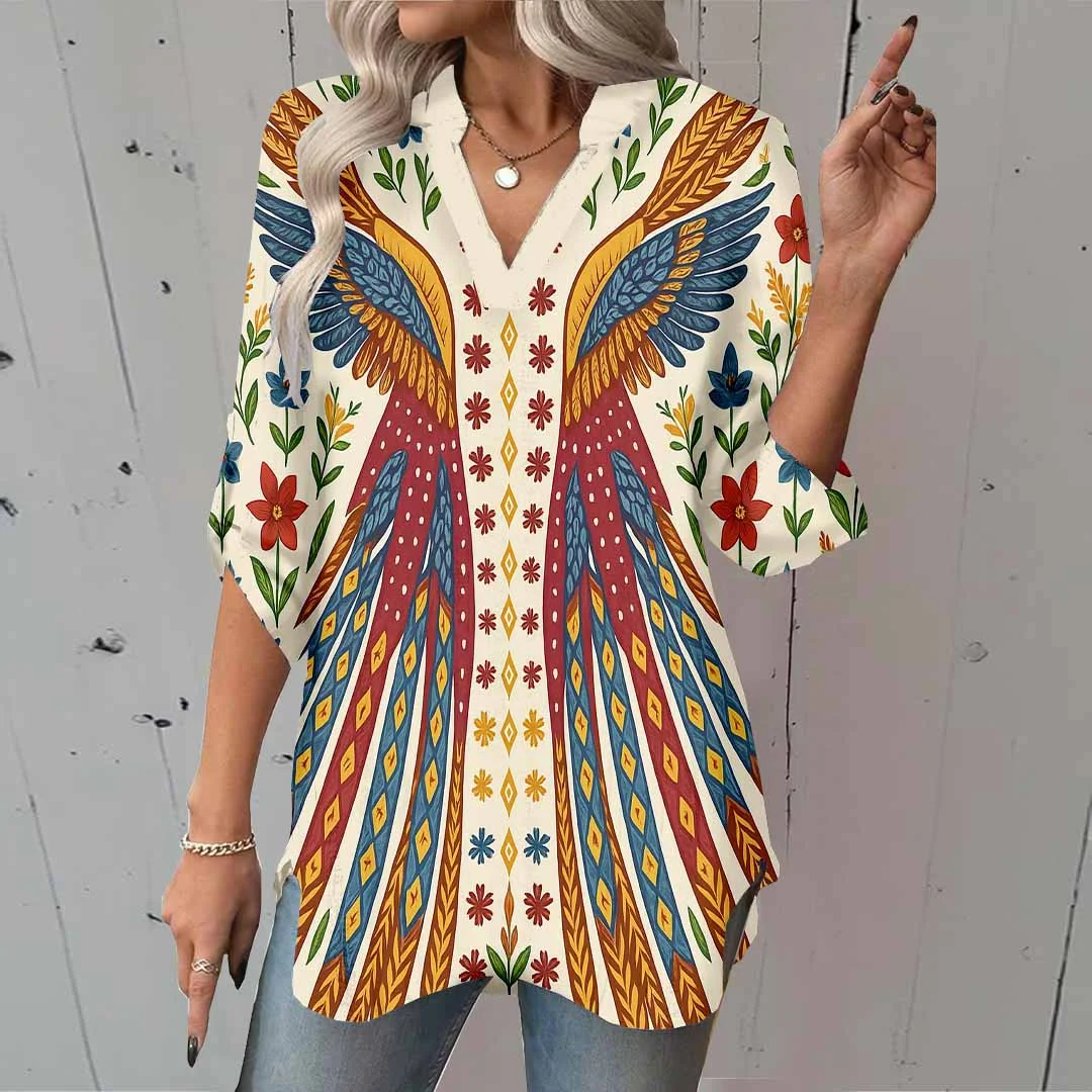 Women Flowers, Red, Blue DZGA0376 3/4 Sleeve V-neck Printed Graphic Button Tops