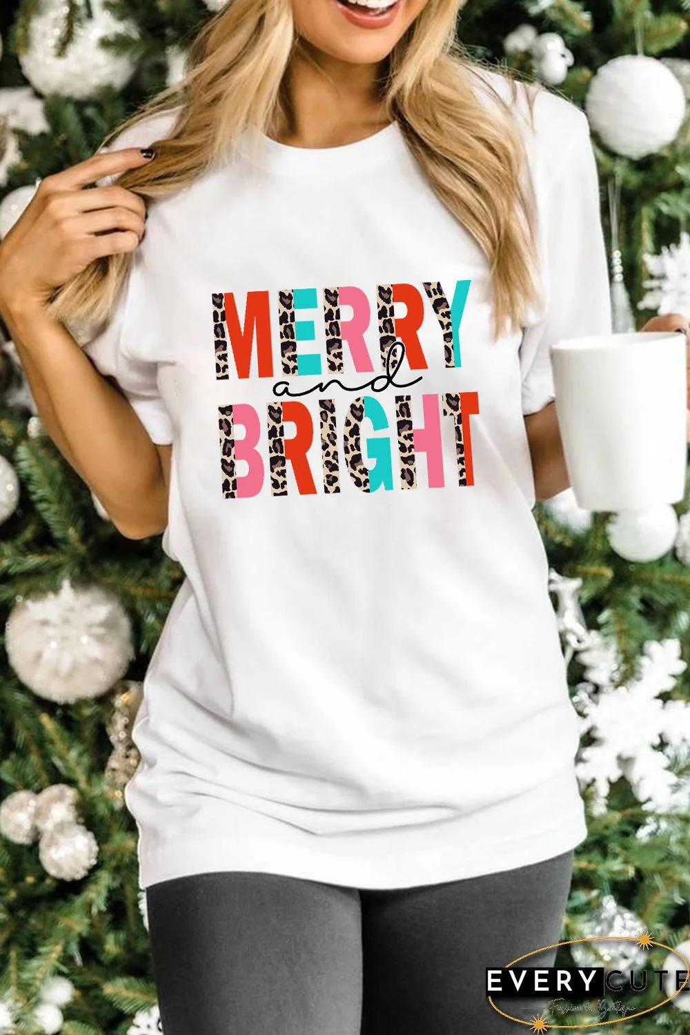 White Merry and Bright Leopard Print Short Sleeve Graphic Tee