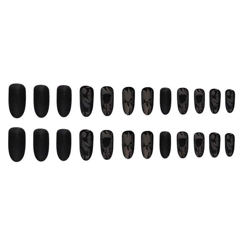 24pcs Dark Black False Nails Round Head Rose Pattern Matte Fake Nails with Glue Removable Artificial Nail Art Tips Faux Ongles-Nail Inspo