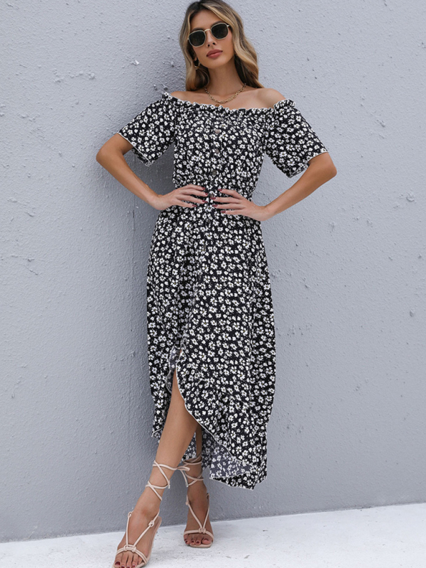 Mature Women Casual Summer Floral Skirt Irregular One-shoulder Dress