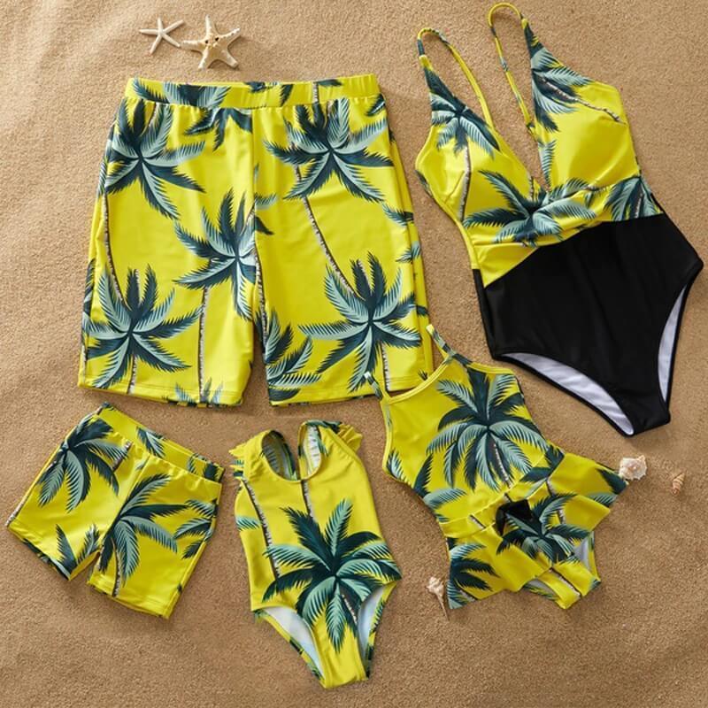 Coconut Tree Print One-Piece Matching Swimsuits