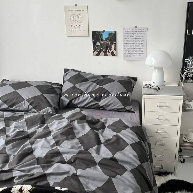 Aonga Fashion Bedding Set Hot Checkerboard Boys Girls Single Double Queen Size Flat Sheet Quilt Duvet Cover Pillowcase Bed Linens aonga