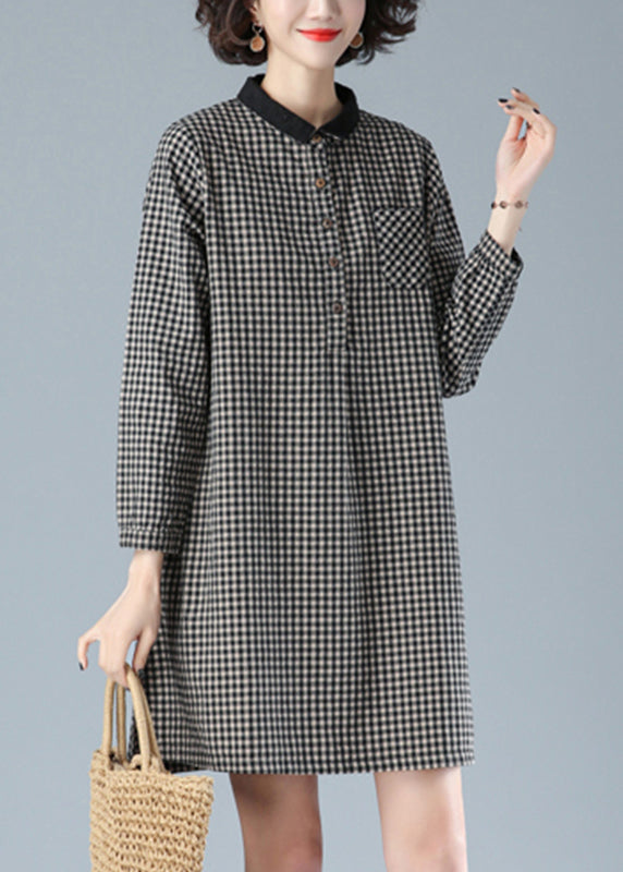 VCSHOES Black Plaid Peter Pan Collar Button Cotton Mid Dress Fall