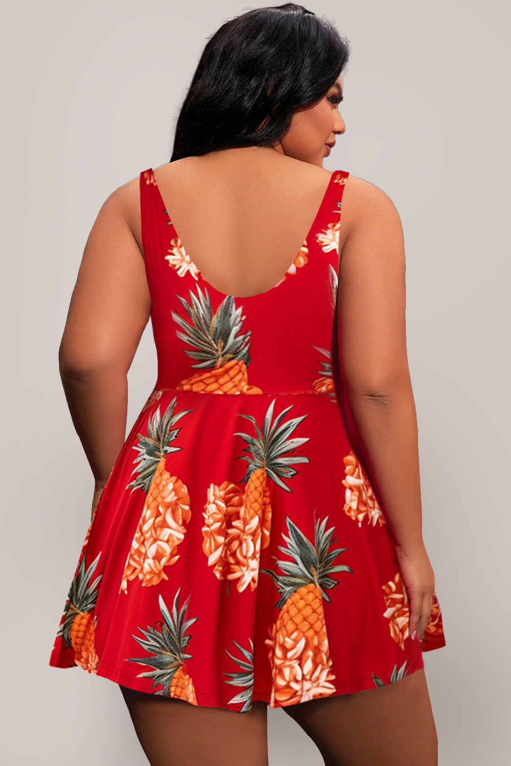Design Plus Size Beach Red Tropical Pineapple Print V Neck Swimsuit Fabric Swimwear Dress [Pre-Order]