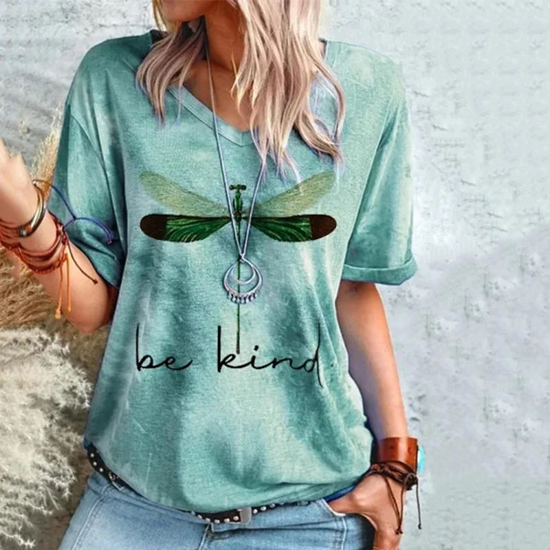 Dragonfly print short-sleeved graphic tees