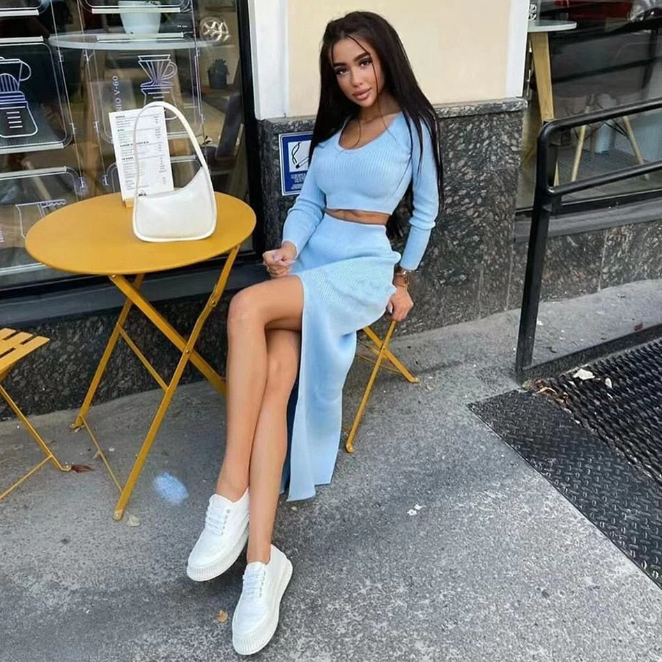 Tawnie 2022 Spring Autumn Knitted Sexy Women Dress Sets Casual Fashion Women's Suit With Long Sleeve Pullover Top & Split Skirt