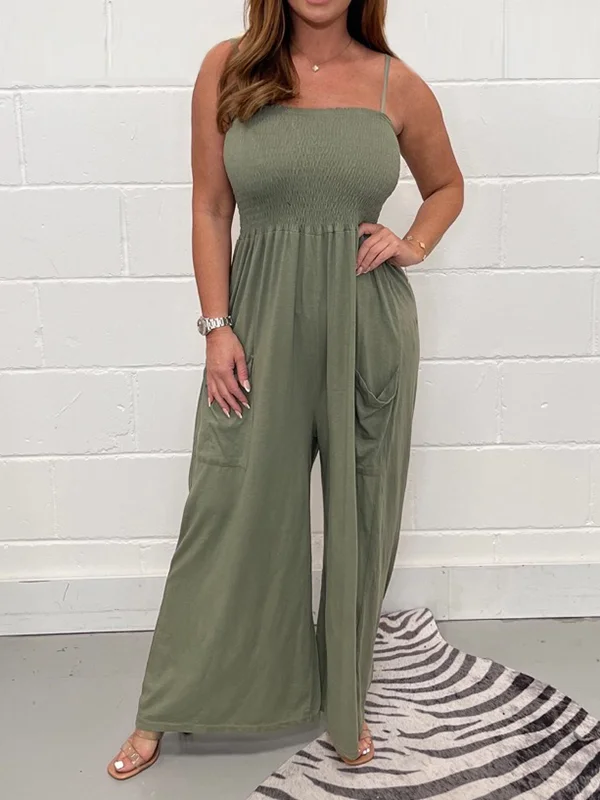 Pleated Solid Color Wide Leg Spaghetti-Neck Jumpsuits