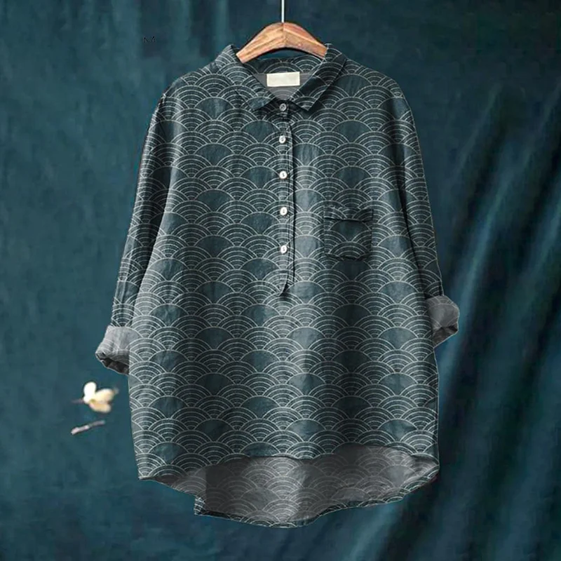 Japanese Geometric Pattern Printed Women's Casual Cotton And Linen Shirt