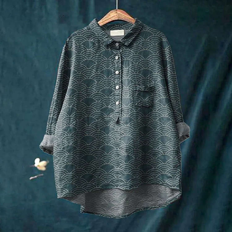 Japanese Geometric Pattern Printed Women's Casual Cotton And Linen Shirt