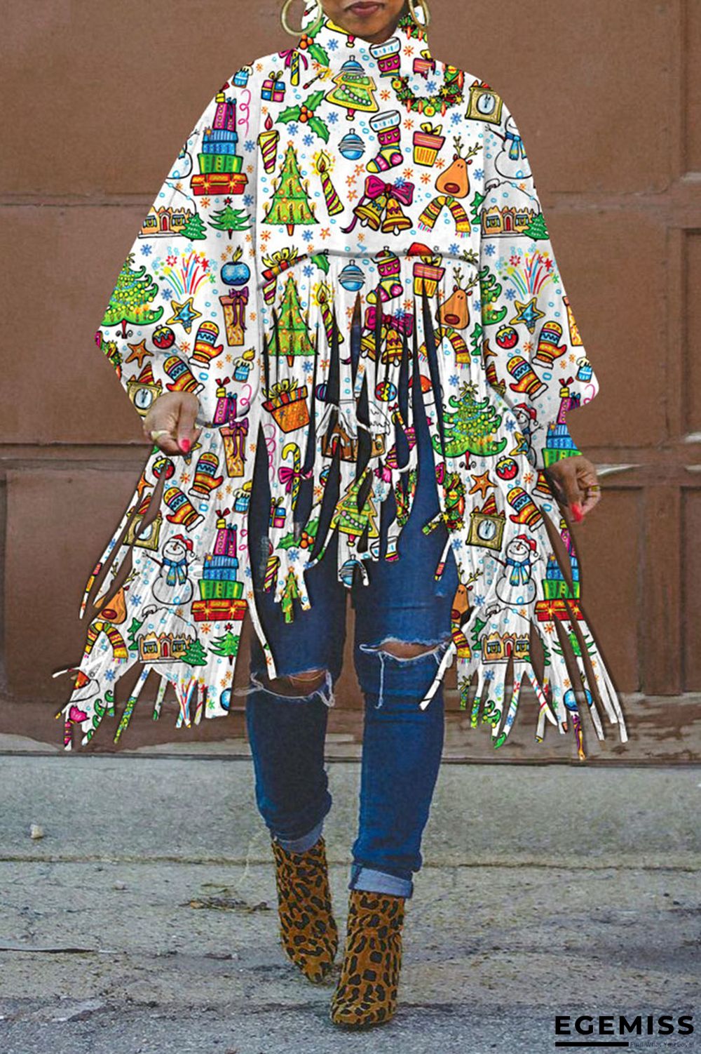 White Green Casual Print Tassel Patchwork Turtleneck Tops | EGEMISS