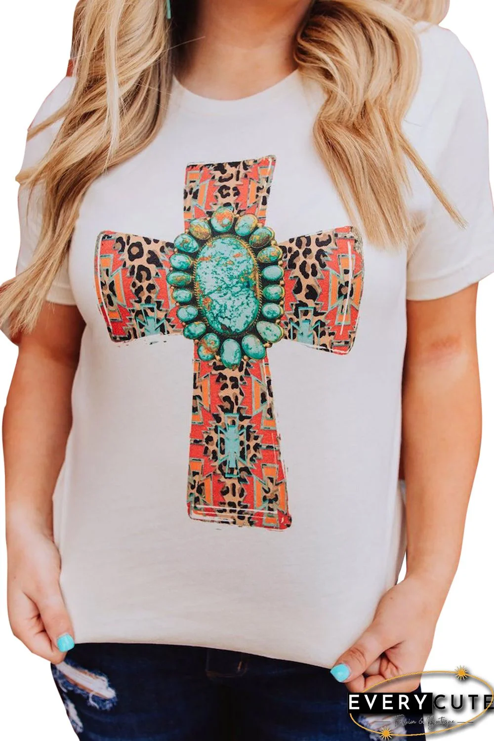 White Western Turquoise Cross Pattern Printed Short Sleeve Top