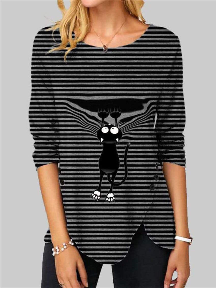  Casual Striped Cat Print T-Shirt