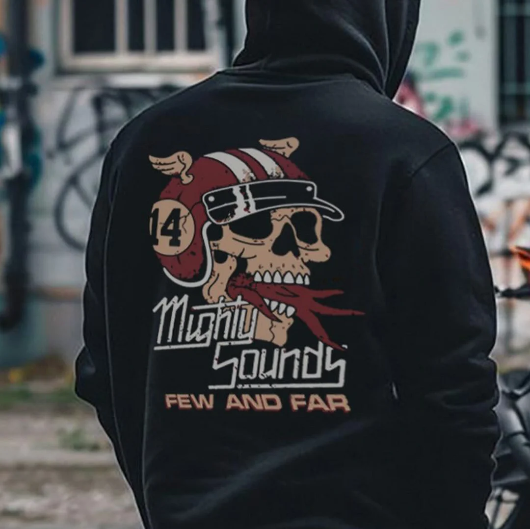 MIGHTY SOUNDS FEW AND FAR Helmet Skull Print Men's Hoodie