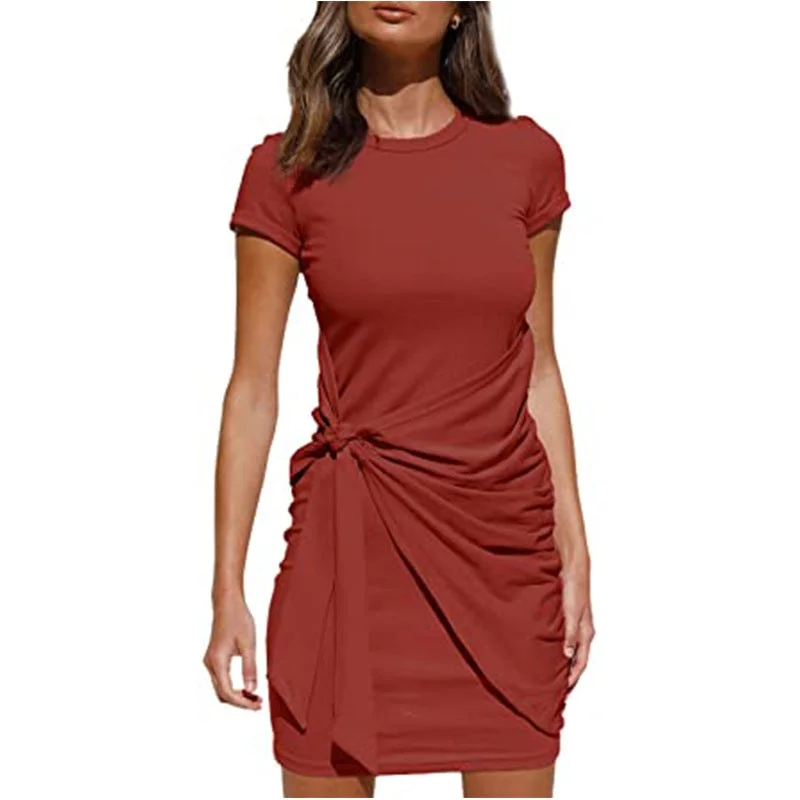 Women Dress Short Sleeved Round Neck Belt Dress
