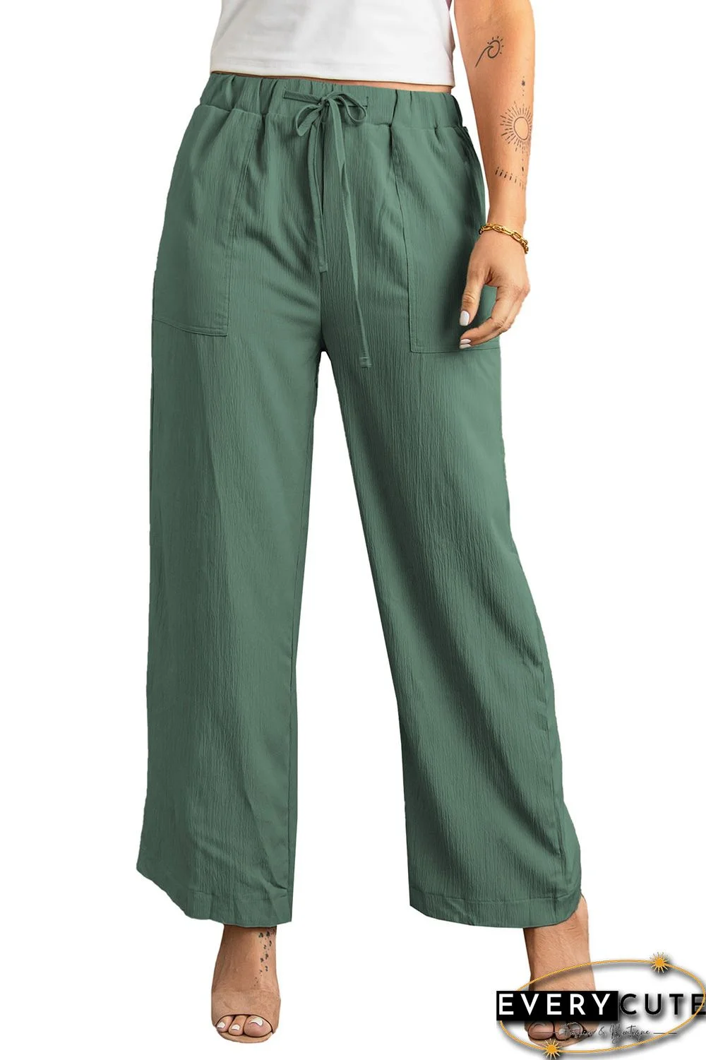 Green Drawstring Waist Crinkled Wide Leg Pants