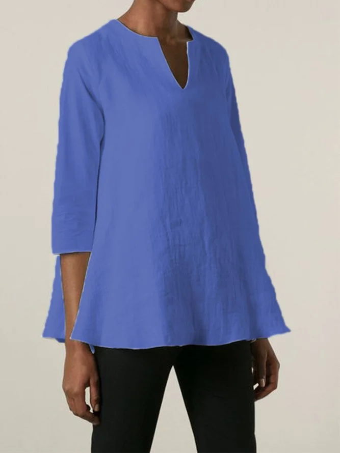 V Neck 3/4 Sleeve Linen Shirts