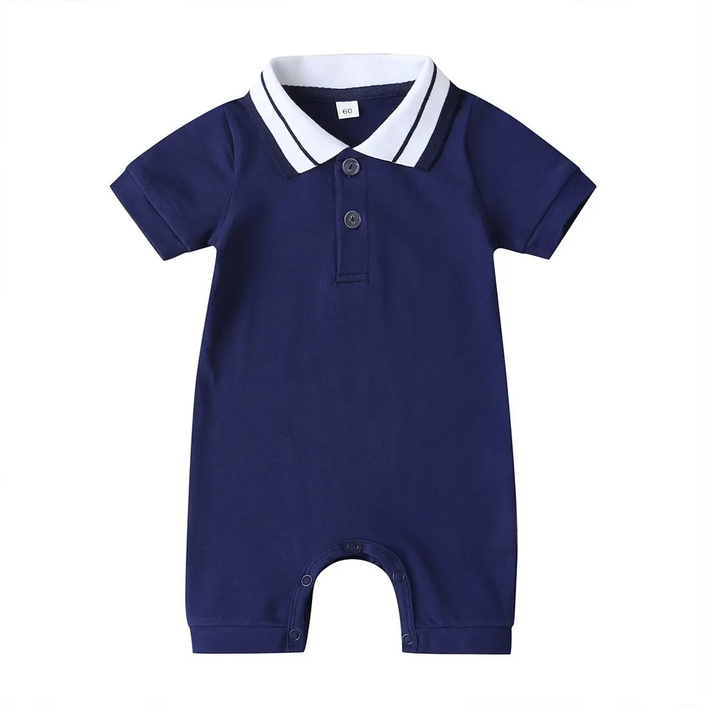 Infant Newborn Baby Boy&rsquo;s Short Sleeve Jumpsuit Summer Fashion Solid Color Button Lapel One Piece Short Pants Gentleman Romper