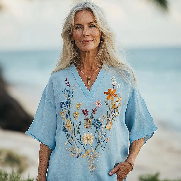 Women's Floral Embroidery Short Sleeve V Neck Casual Linen Top