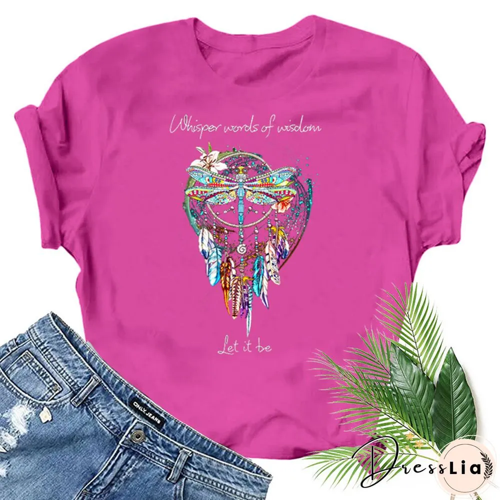 Dragonfly Windchimes Print Women T Shirt Short Sleeve O Neck Loose Women Tshirt Ladies Fashion Tee Shirt Tops Clothes Mujer