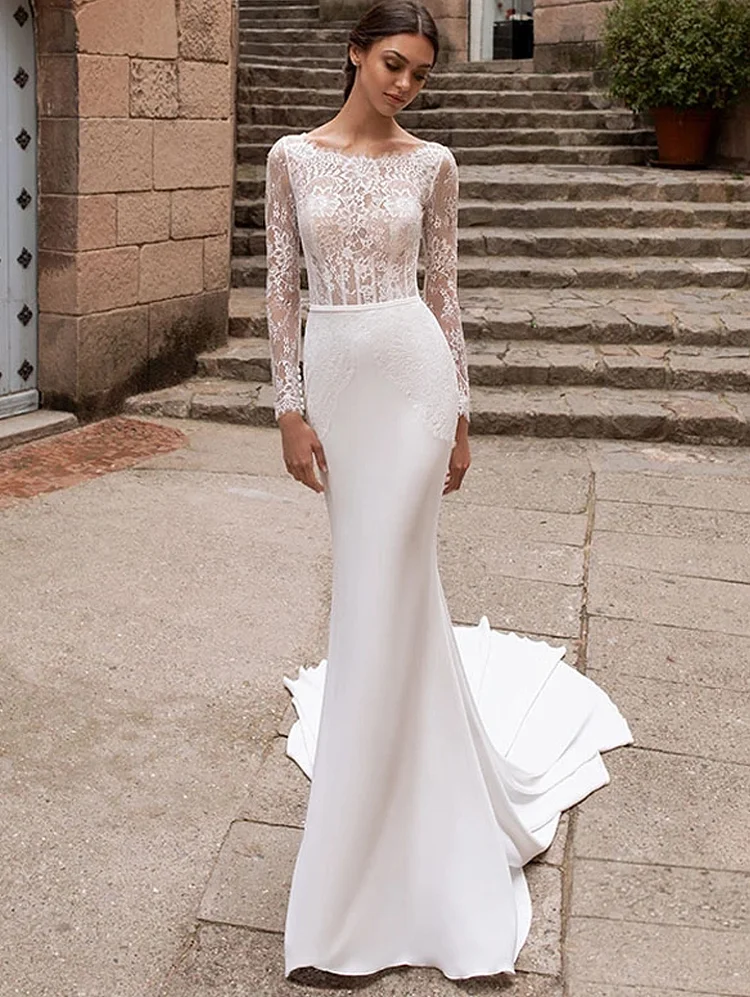 Long Sleeve Mermaid Wedding Dresses with Long Train Lace Appliques Bridal Gowns