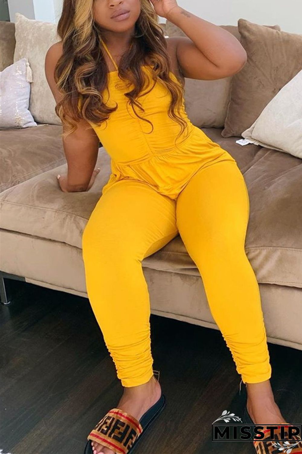 Yellow Sexy Slip Solid backless Draped Plus Size