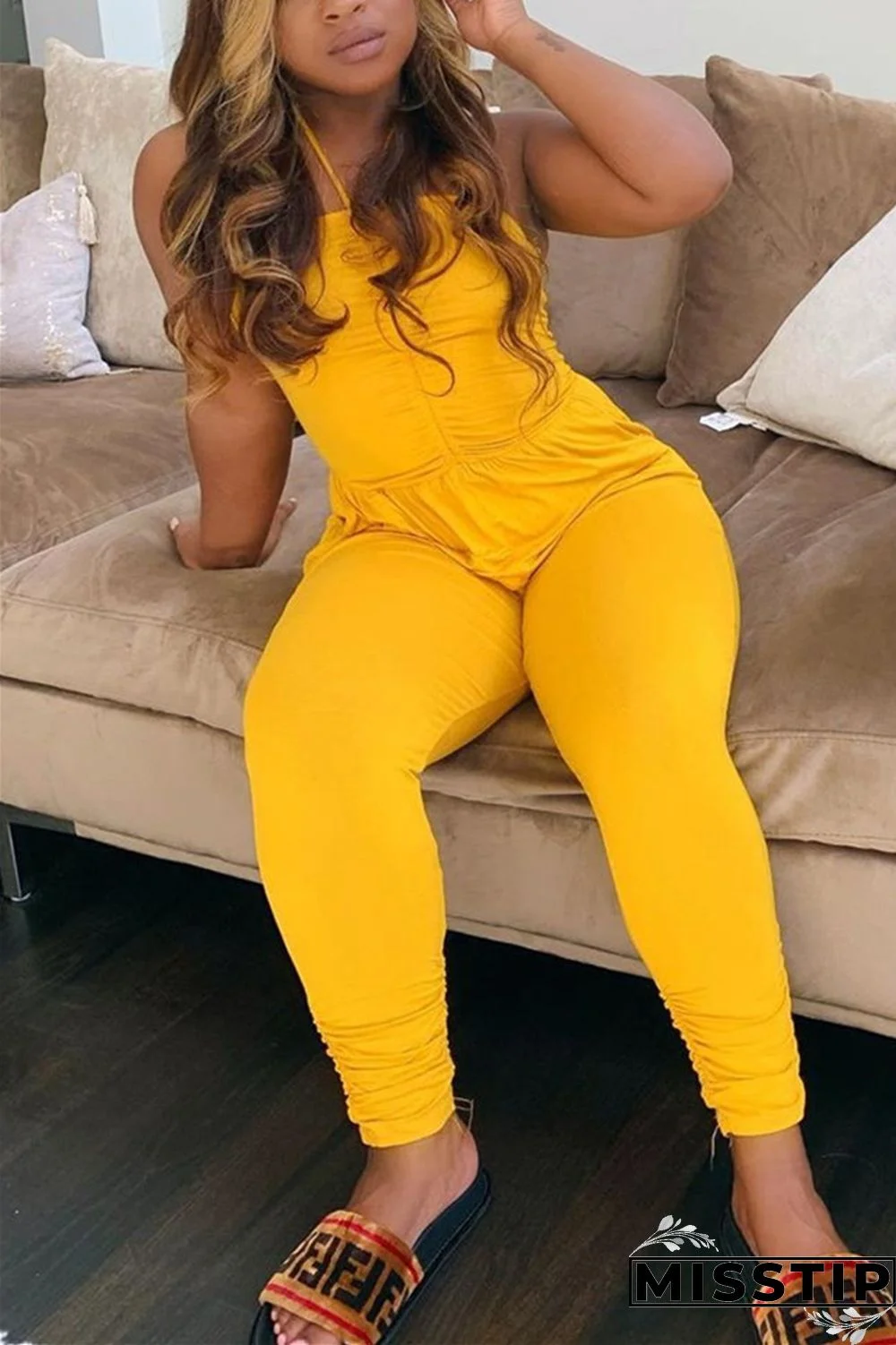 Yellow Sexy Slip Solid backless Draped Plus Size