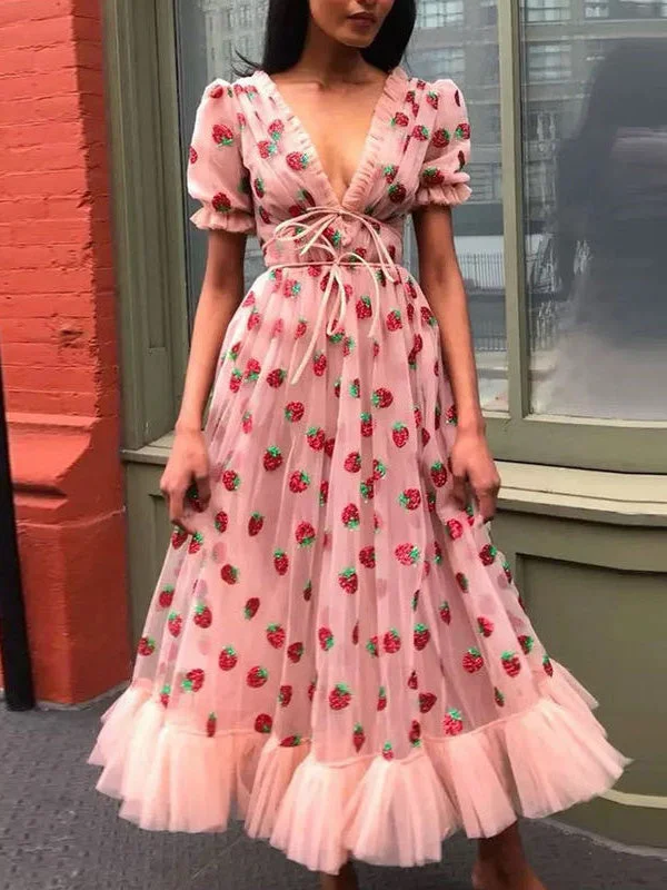 Women's Puff Sleeve V Neck Lace Fruit Printed Maxi Dress