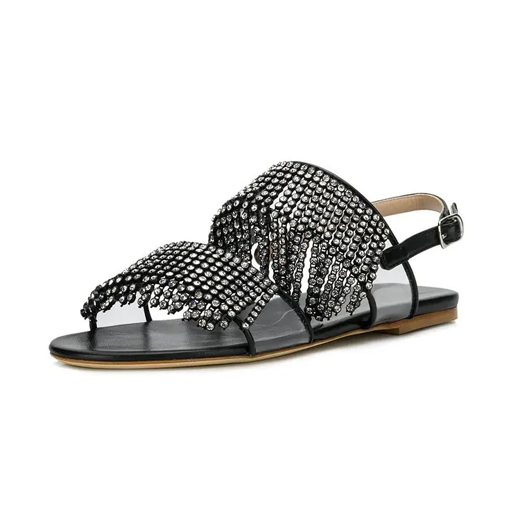 Black Clear PVC Rhinestone Flat Sandals |FSJ Shoes