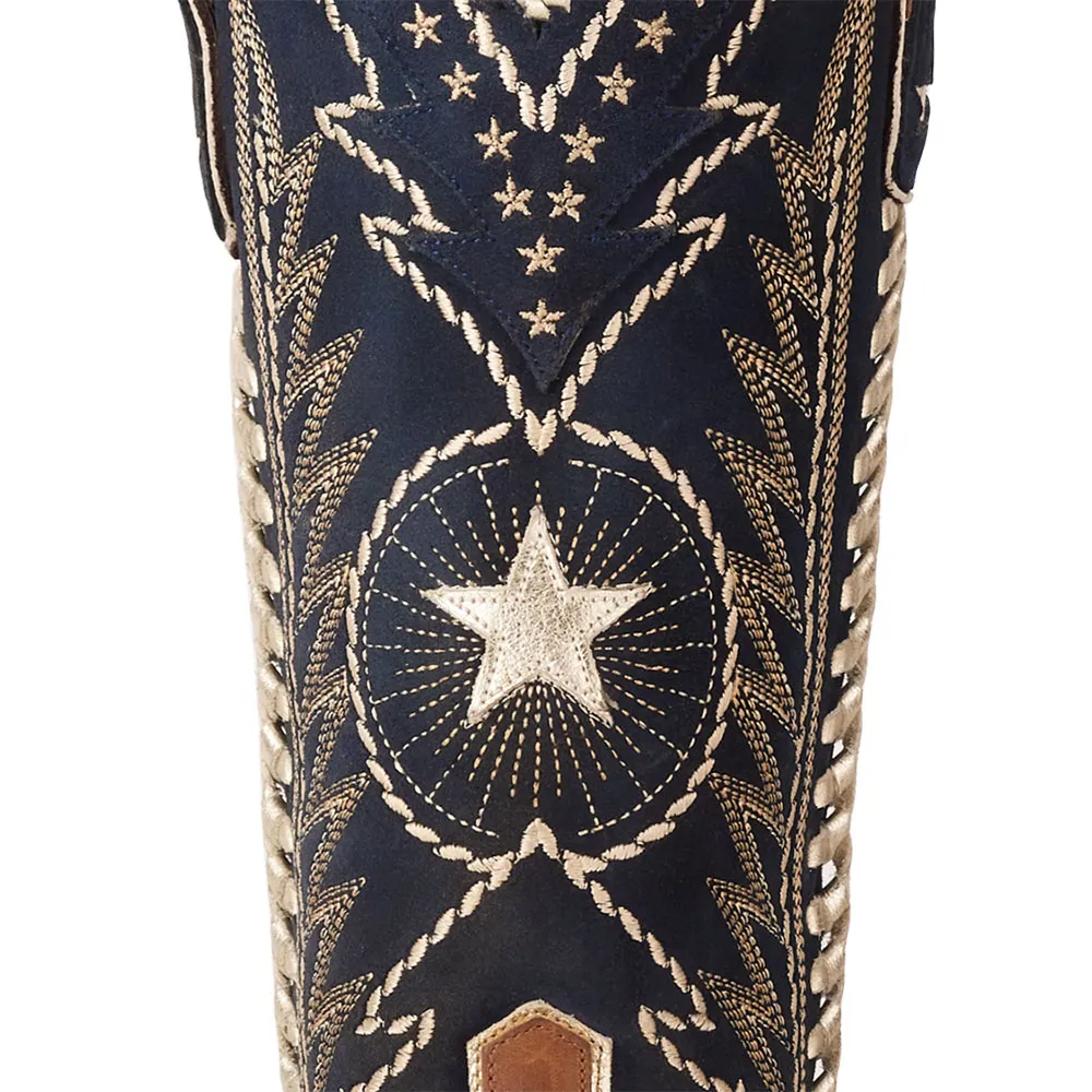 Brown & Navy Stars Chunky Heel Embroidered Western Boots for Women