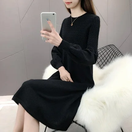 Large Size Loose Solid Casual O-Neck A-Line Autumn Winter Sweater Dress Female Dress Sweater Bottoming Maternity Spring Dress