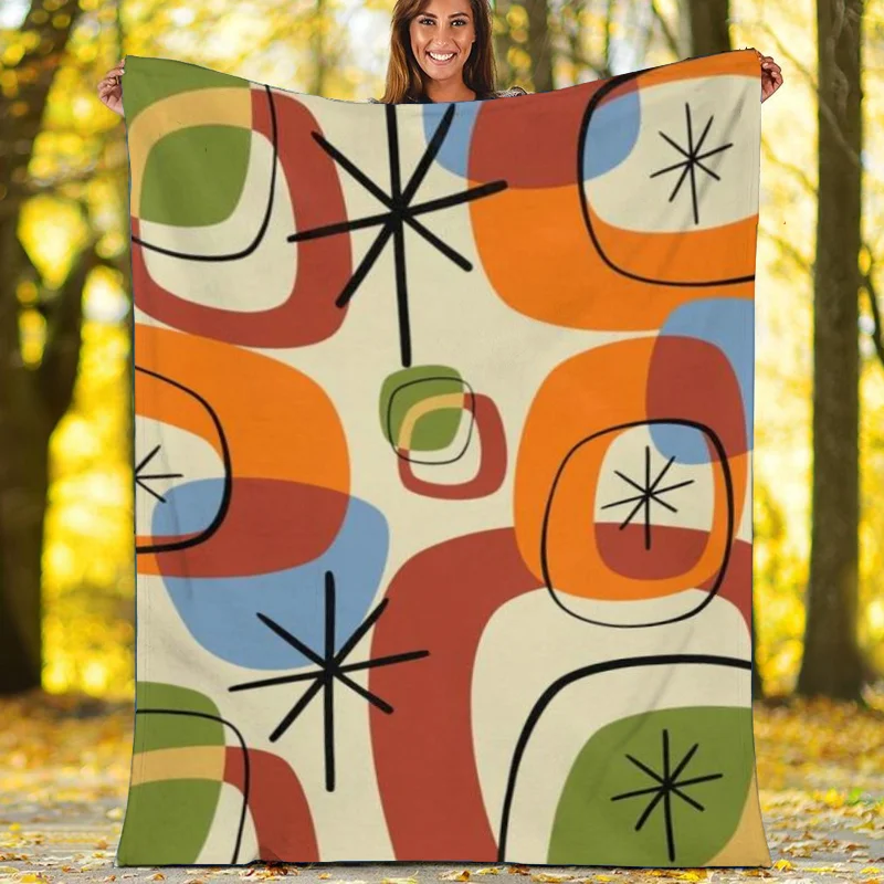 Retro Geo Pattern THIN Cozy, Warm Mid Century Modern Groovy Green, Orange, Blue, Black, Light Beige Background Velveteen Plush Blanket