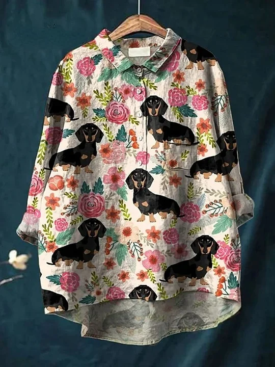 Vintage Animal Art Print Casual coton lin col rond bouton poche Midi manches chemise des femmes Top