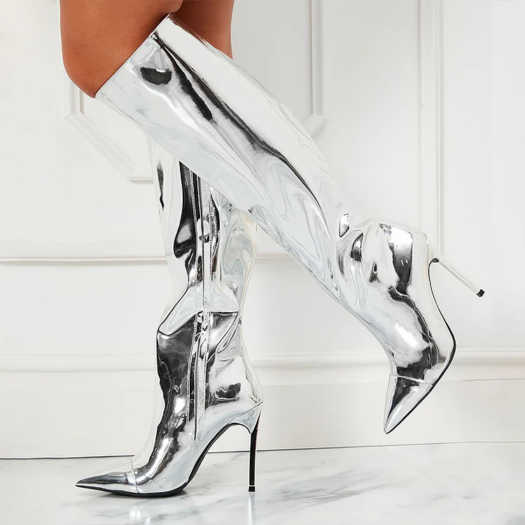 Silver Knee Zipper Stiletto Heel Leather Pointed Boots - Elegant and Chic Vdcoo