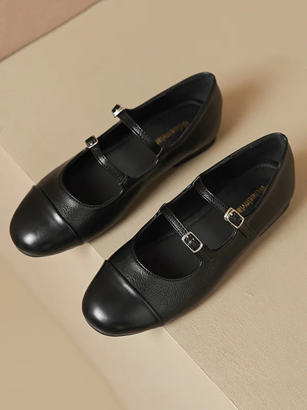 Belt Buckle Round-Toe Split-Joint Mary Janes Flat Shoes