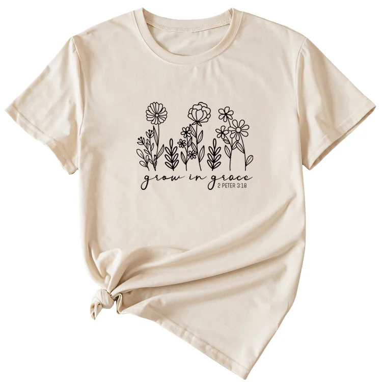 Grow In Grace Plant Pattern Print Summer New Short Sleeve T-Shirt