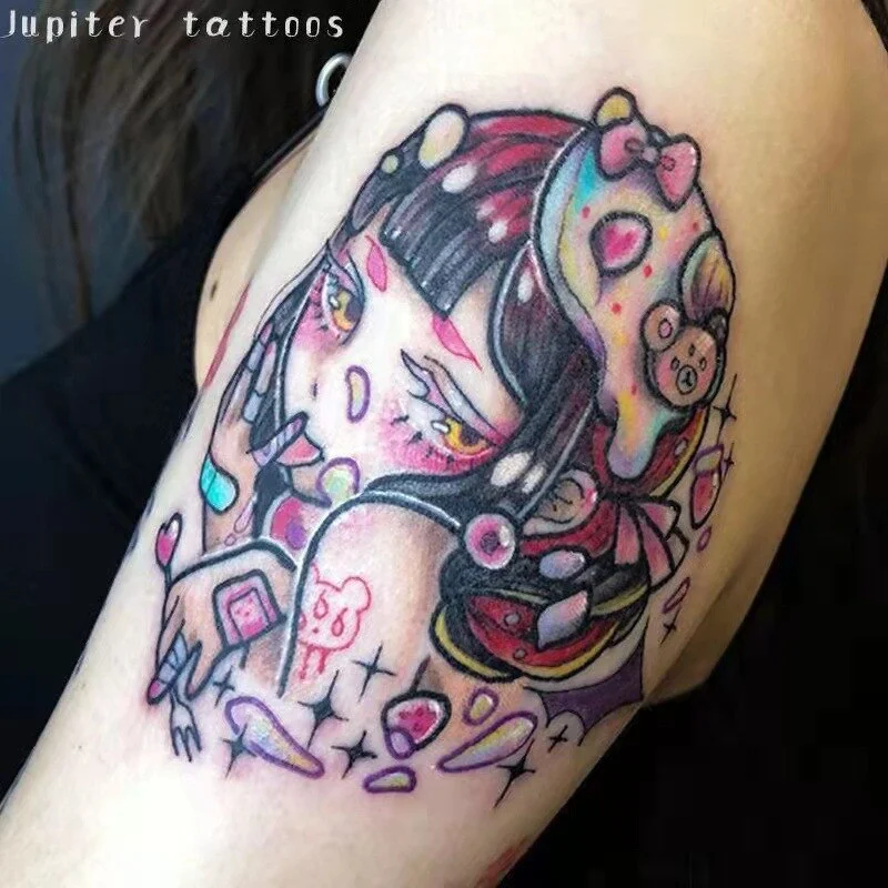 Sdrawing Temporary Tattoo Sticker Anime Cartoon Cute Pink Hair Girl Flower Necklace Fake Tatto Flash Tatoo Art for Women Men