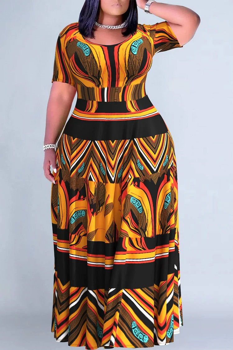 Plus Size Daily Brown Casual African Ankara Round Neck Short Sleeve Pocket Maxi Dresses 2024 - Xpluswear