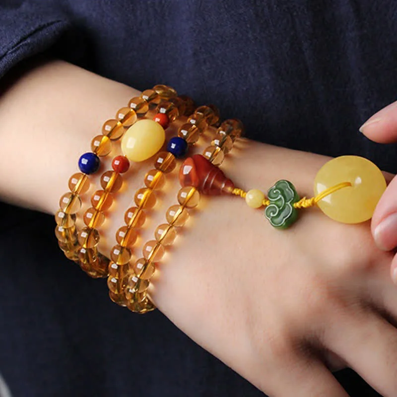 Natural Citrine Amber 108 Mala Beads Peace Buckle Red Agate PiXiu Protection Charm Bracelet
