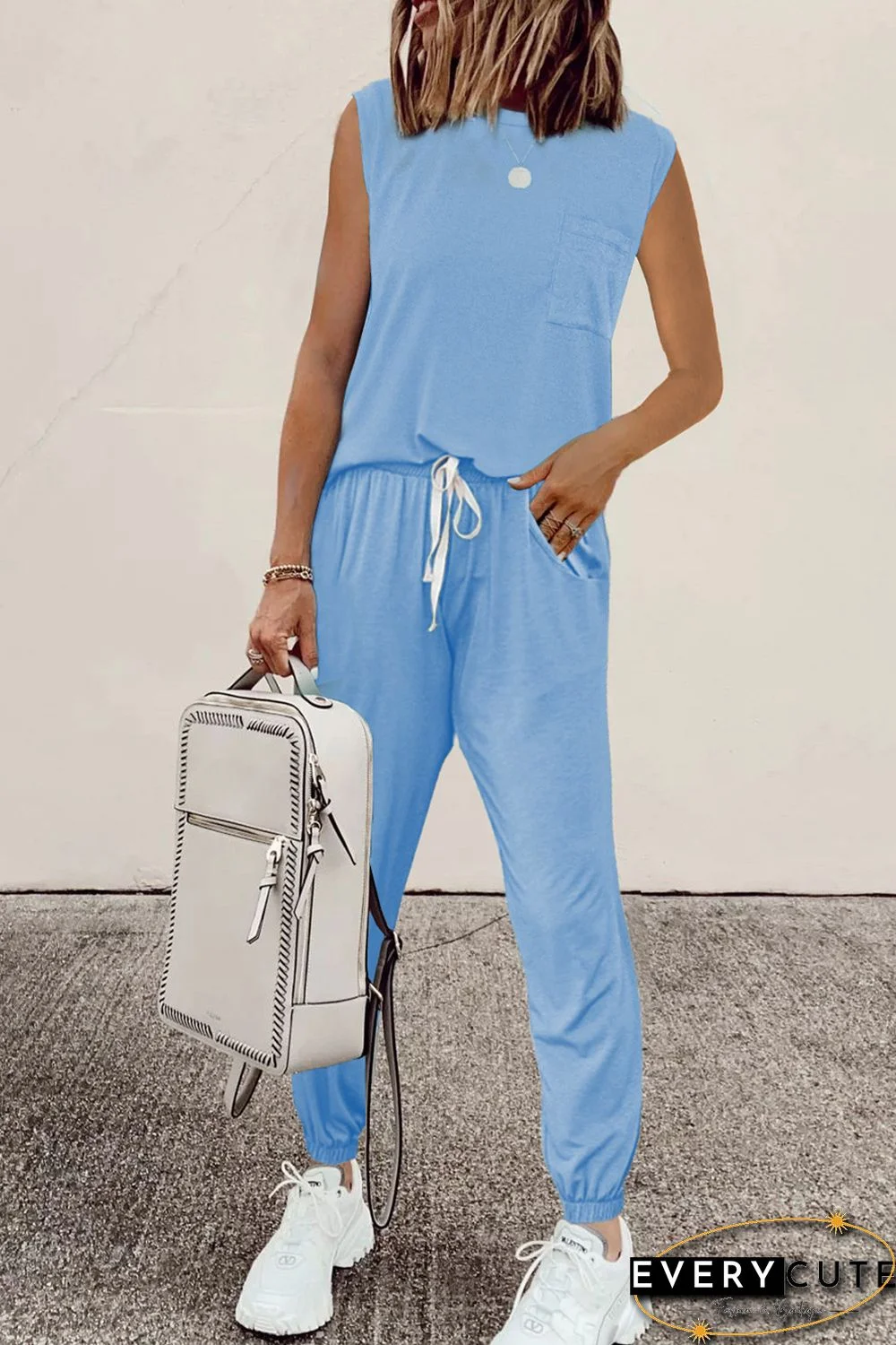 Sky Blue AM To PM Knit Pocket Tank and Joggers Sports Wear