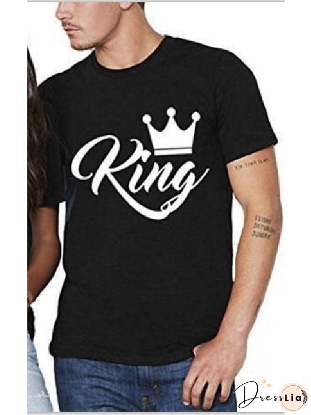 T shirt Tee black Men's black white Letter Print Short Sleeve Daily Basic Casual Round Neck King and Queen S for Women