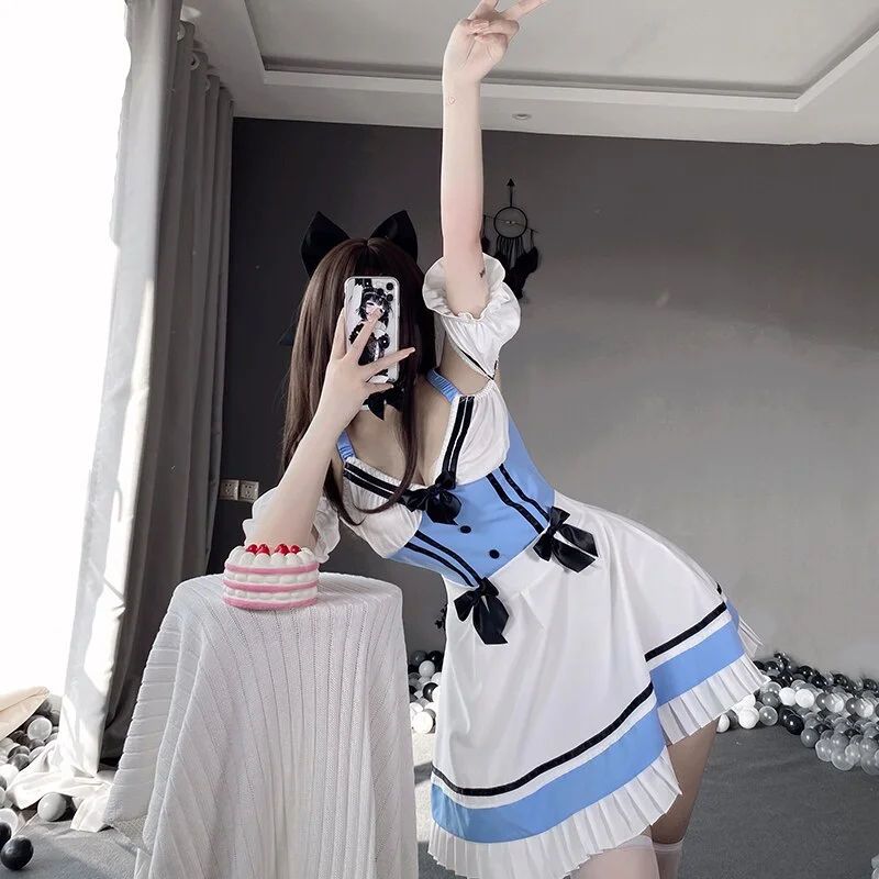 Billionm OJBK Women Maid Costumes Girls Lovely Party Stage Clothing White Blue Maid Dress Role Play Transparent Anime Uniforms 2022 NEW