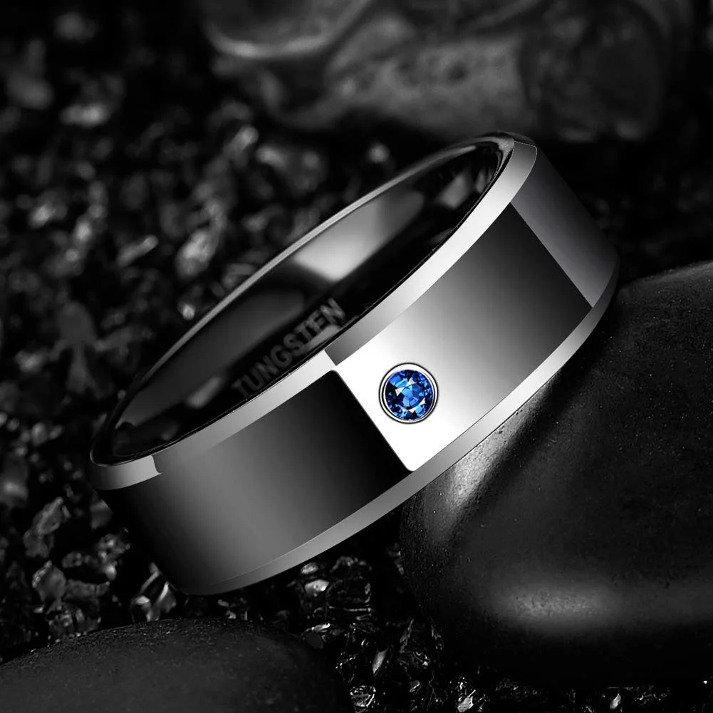 6MM 8MM Mens Women Black Tungsten Carbide Couple Wedding Bands Polished Beveled Edge with Blue CZ Comfort Fit