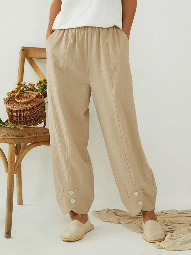 Solid Elastic Waist Pockets Button-Ankle Pants-luchamp:luchamp