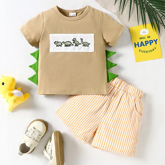 【6M-4Y】Boys' Cute Dinosaur Embroidered Horn T-Shirt & Shorts Set