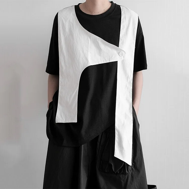 Fashion Loose Contrast Color Asymmetrical Splicing Short Sleeve T-shirt      